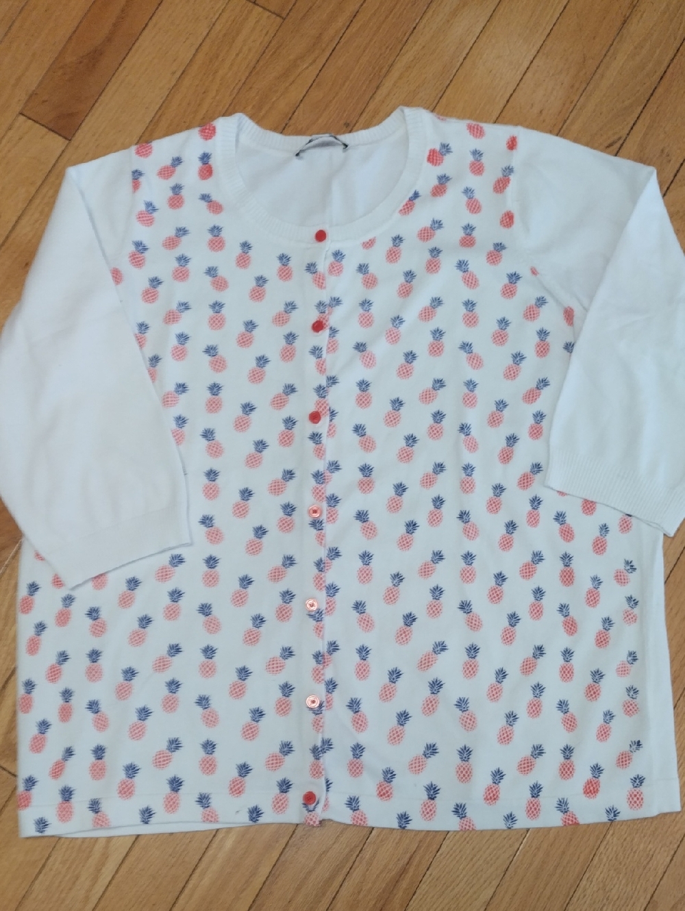 Liz Claiborne White Cardigan w Orange/ Blue Pineapple Print Elbow Length Sleeve